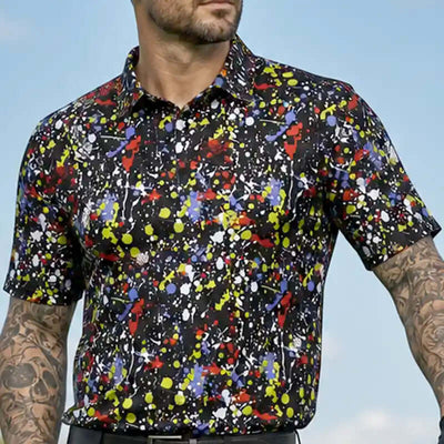 golfer wearing a game black colorful abstract patterned golf shirt