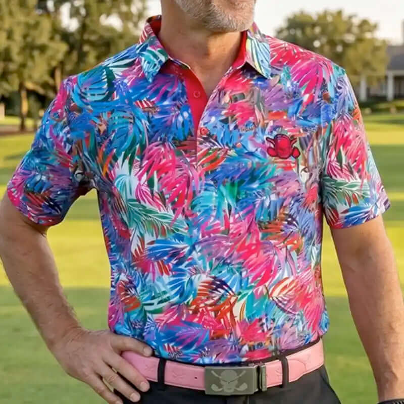 Person wearing a colorful patterned shirt on a golf course