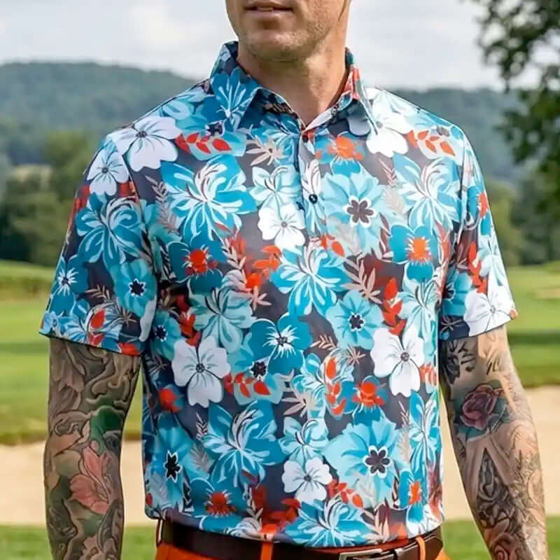 golfer wearing a colorful floral golf shirt outdoors 