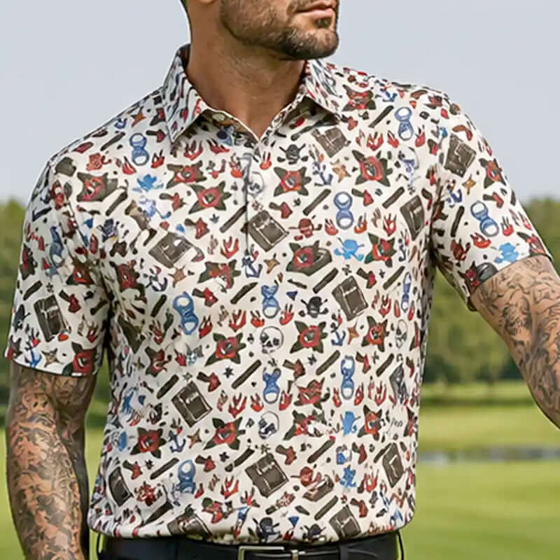 Man golfer wearing a patterned shirt with a golf course in the background