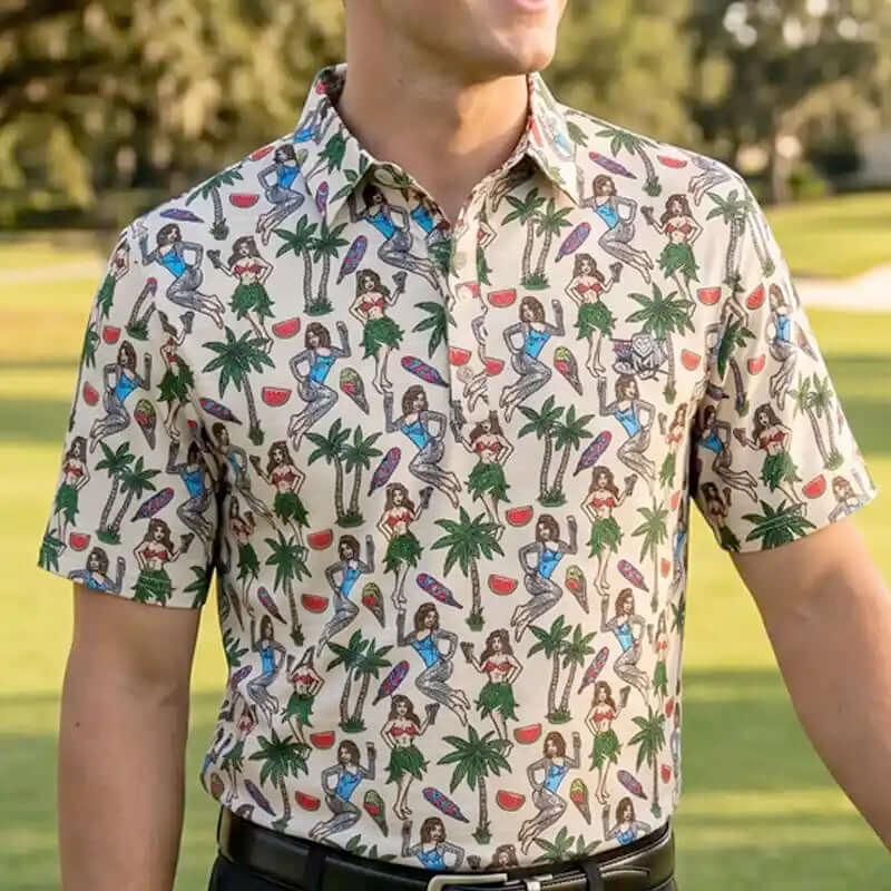 Person wearing a hula patterned golf shirt with palm trees and people in a tropical setting.