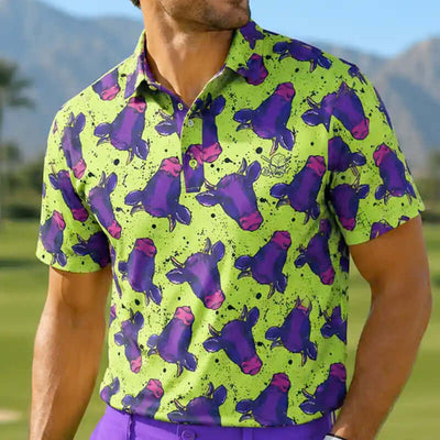 funny person wearing a vibrant golf shirt with purple cow pattern