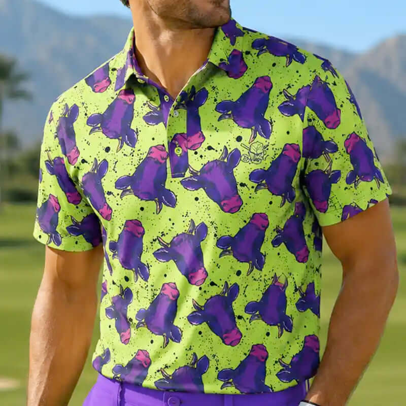 funny person wearing a vibrant golf shirt with purple cow pattern