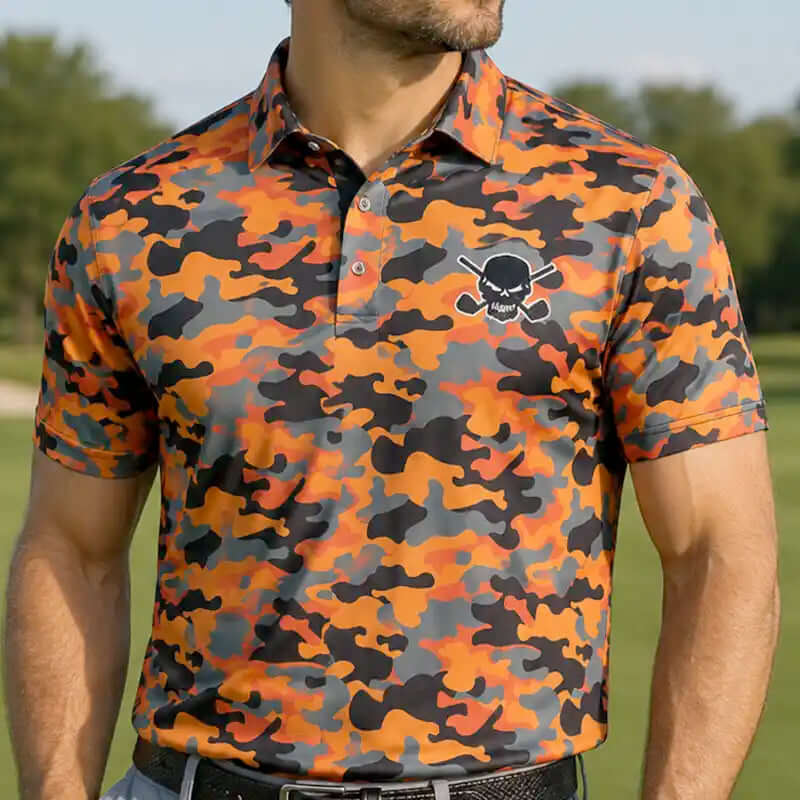 Man wearing an orange and black camouflage polo shirt with a skull and crossbones design on a blurred outdoor background.