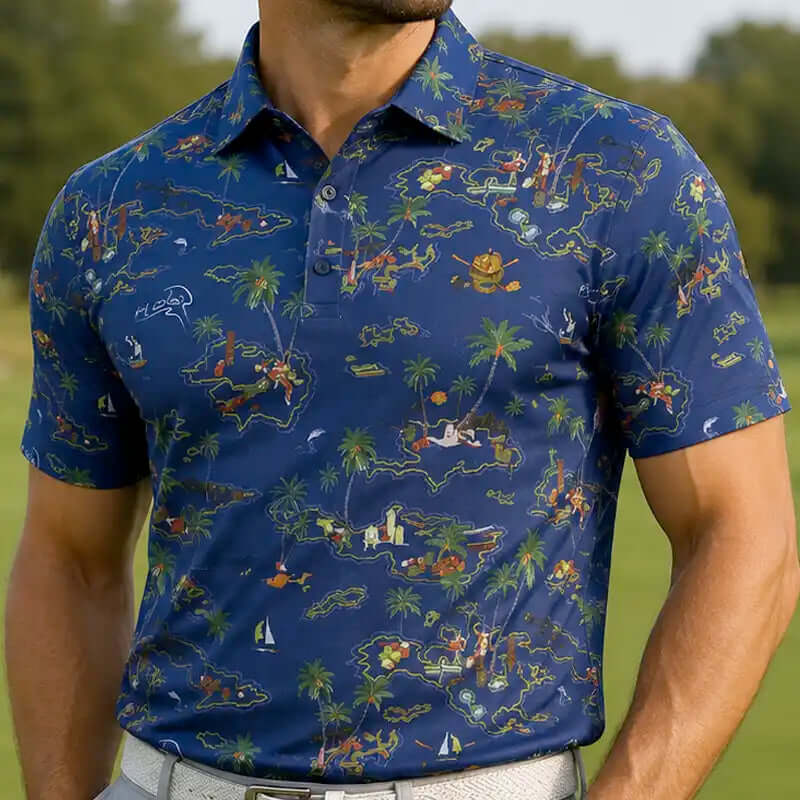 golfer wearing a blue patterned polo shirt on a golf course