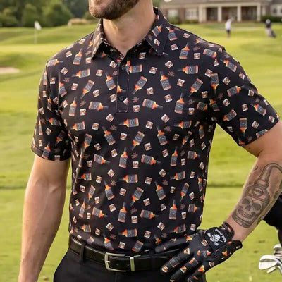 golfer wearing a whiskey patterned shirt and golf glove on a golf course