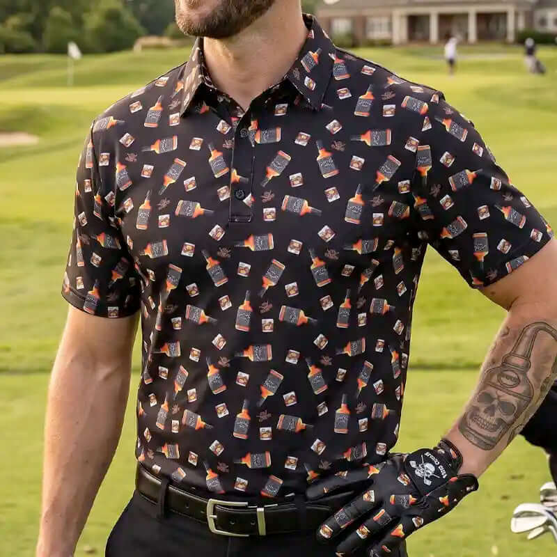 golfer wearing a whiskey patterned shirt and golf glove on a golf course