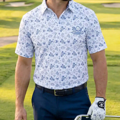 golfer wearing a flash patterned shirt and golf glove on a golf course