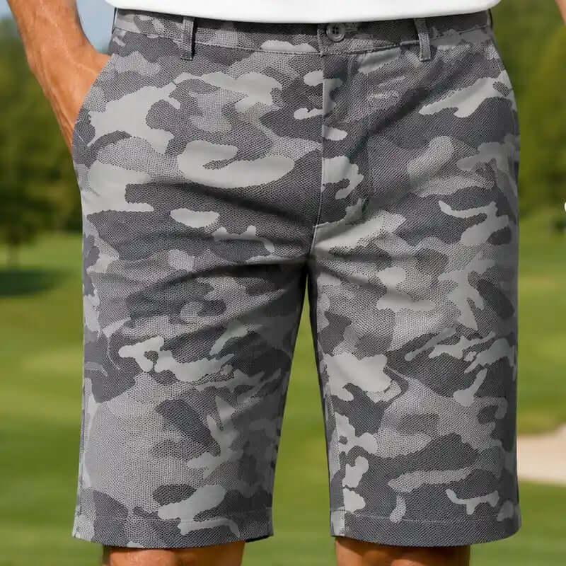 Camouflage grey golf shorts worn by a golfer on a golf course