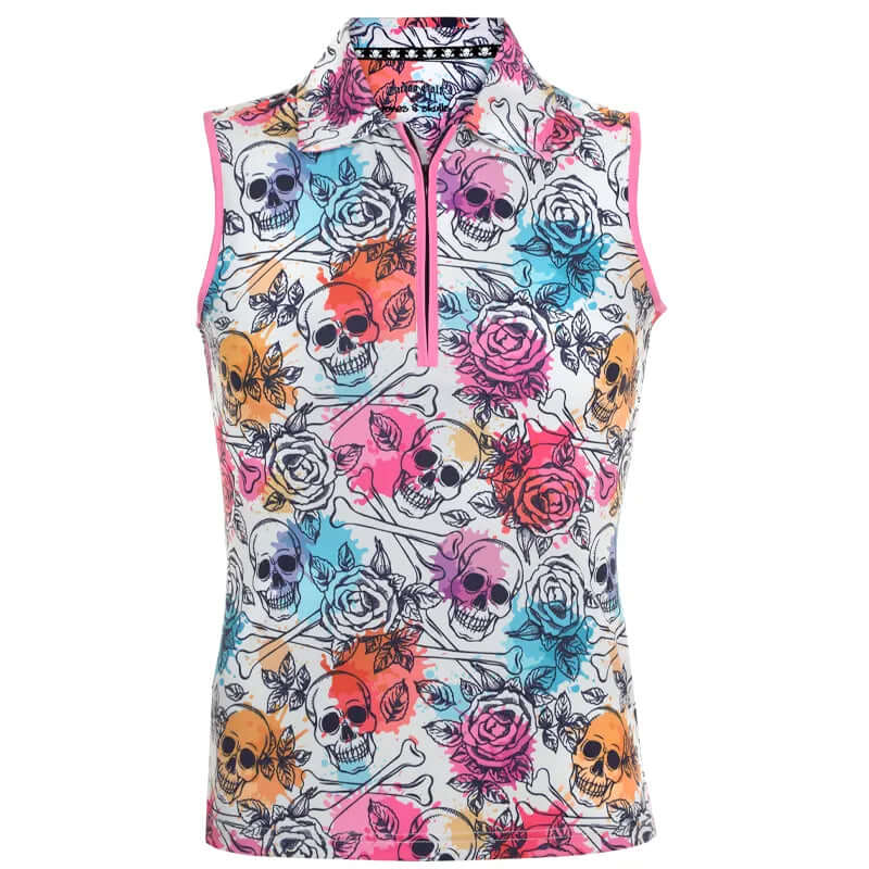 Colorful sleeveless top with skull and rose pattern on a white background