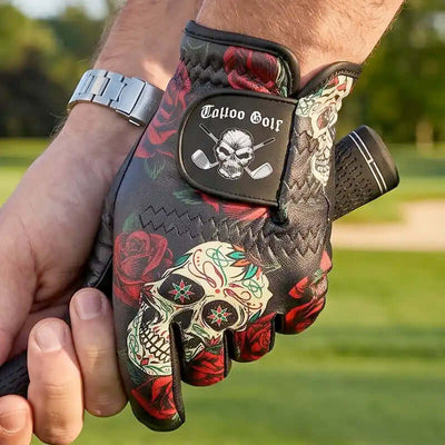 men's sugar skull golf glove on a golfer
