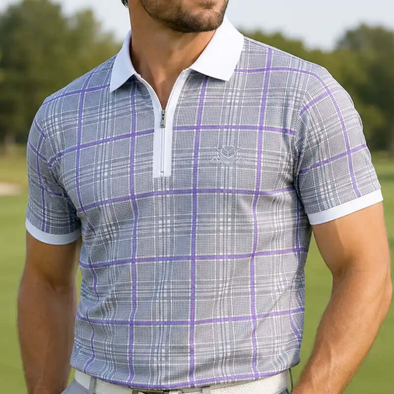 golfer wearing a plaid polo shirt on a golf course