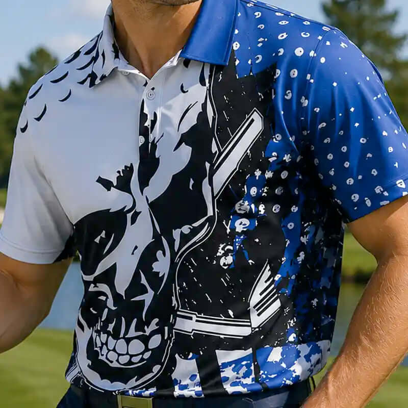 Person wearing a blade patterned shirt with a skull design on a golf course