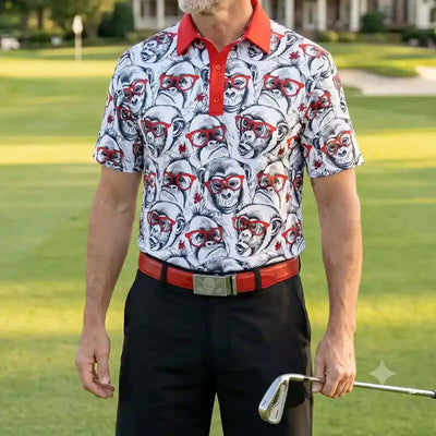 golfer wearing a monkey patterned shirt and red golf belt