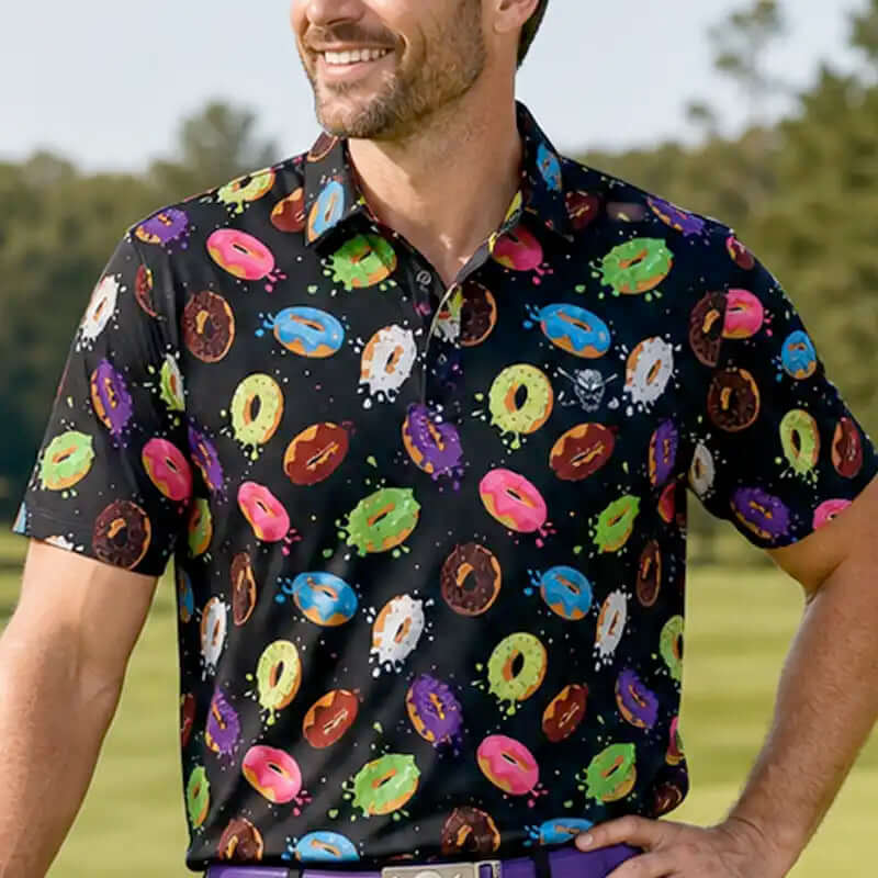 golfer wearing a colorful donut pattern shirt outdoors