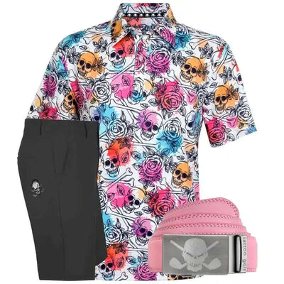 Colorful skull and rose pattern shirt with black shorts and premium leather pink belt with skull buckle 