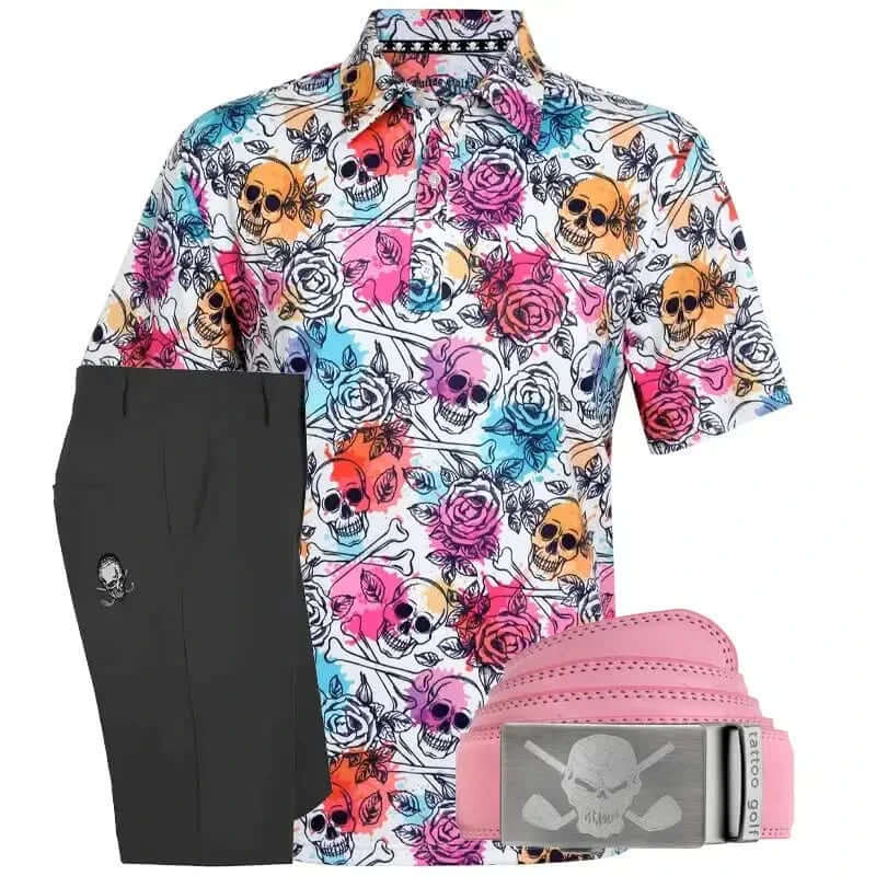 Colorful skull and rose pattern shirt with black shorts and premium leather pink belt with skull buckle 