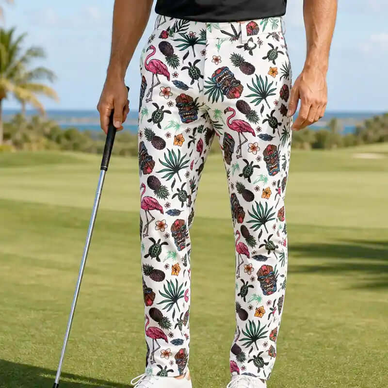 best crazy golf pants for men with tiki Hawaiian pattern