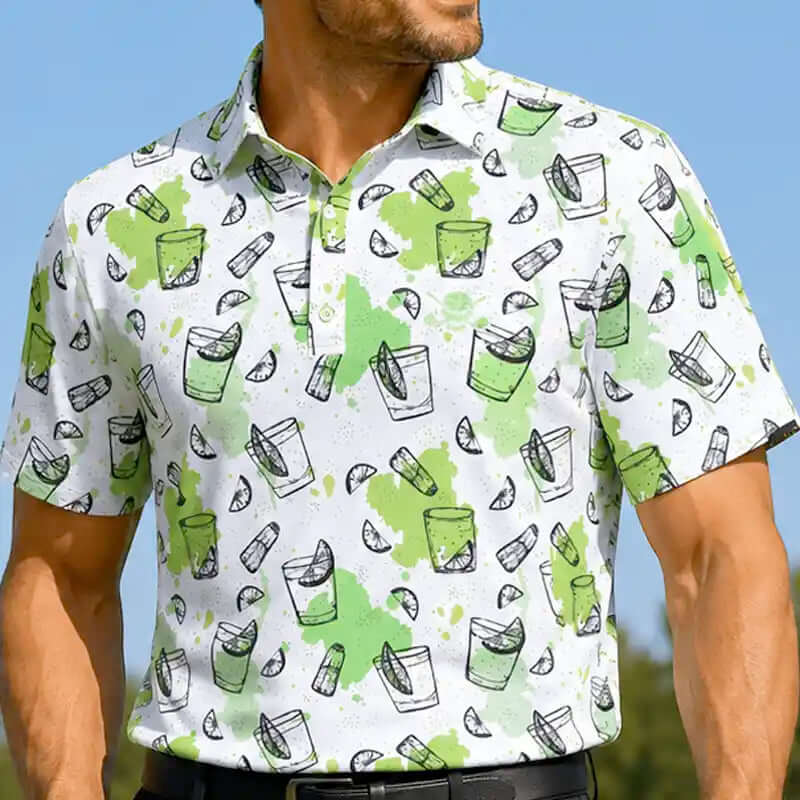 Man wearing a white shirt with green and black pattern against a blue sky.