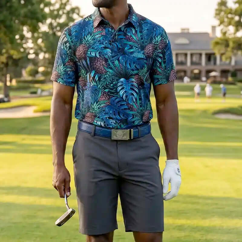 tropical patterned shirt and gray shorts holding a golf club on a golf course.