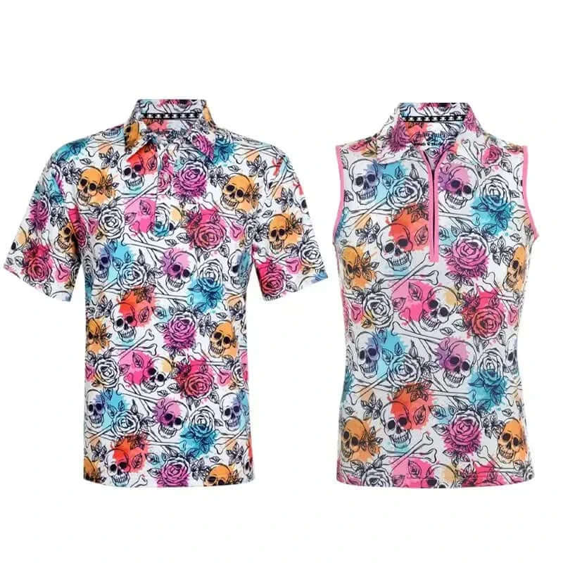 Colorful matching golf shirts with skull and rose pattern
