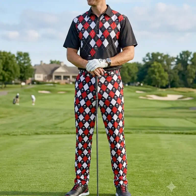 Person wearing a black, red, and white checkered outfit on a golf course