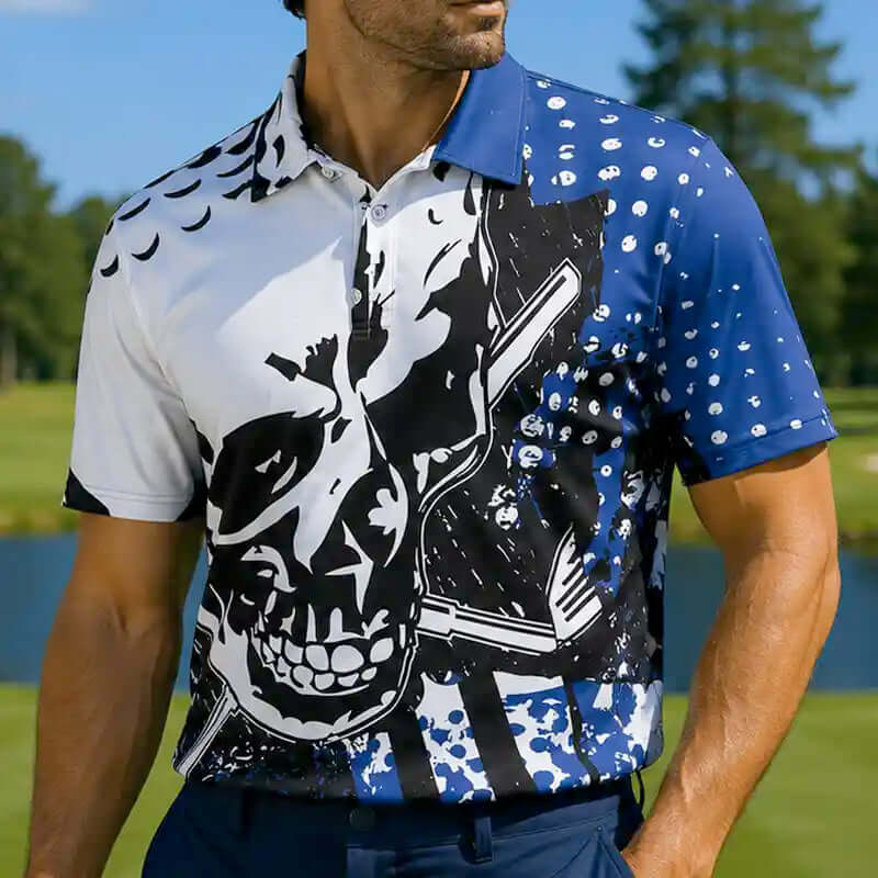 golfer wearing a patterned polo shirt with a large skull design on a golf course