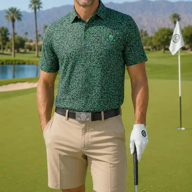 golfer in green maze patterned polo shirt and beige shorts holding a golf course