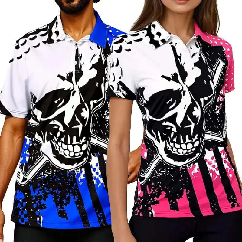 his and hers couples golf polo's with skull design