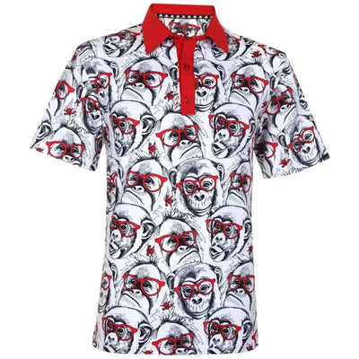 Short-sleeve golf shirt with monkey pattern and red accents
