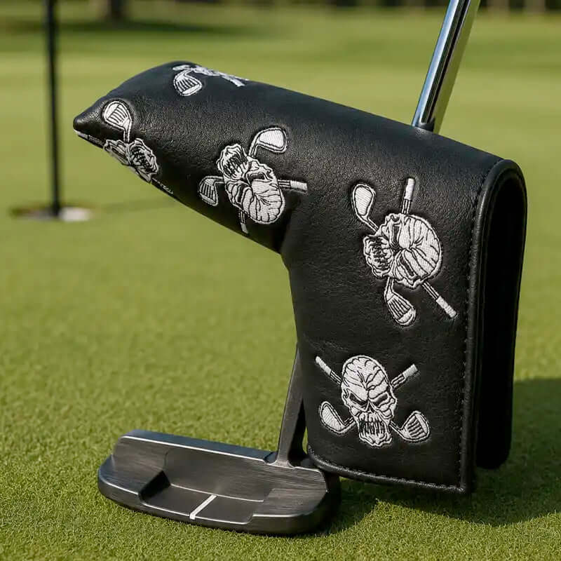 Black golf putter cover with bold skull design for wild golfers