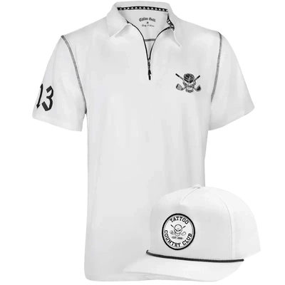 white golf shirt with zipper and white adjustable golf hat