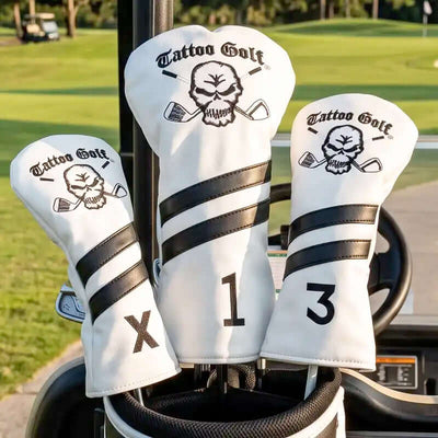 golf clubs covers in white in a golf bag