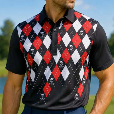 golfer wearing a black, red, and white argyle patterned polo shirt with skull designs