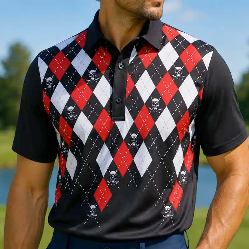 golfer wearing a black, red, and white argyle patterned polo shirt with skull designs