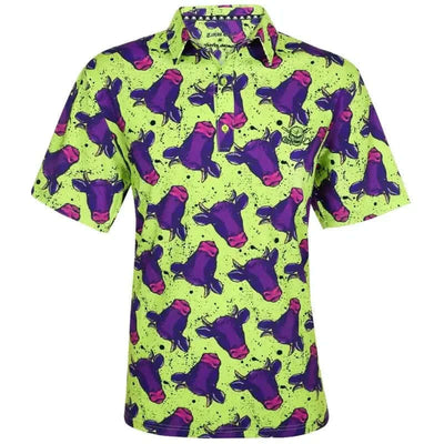 Men's golf shirt with a yellow and purple cow pattern on it