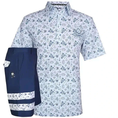 Short-sleeve shirt with skull and crossbones pattern and navy shorts