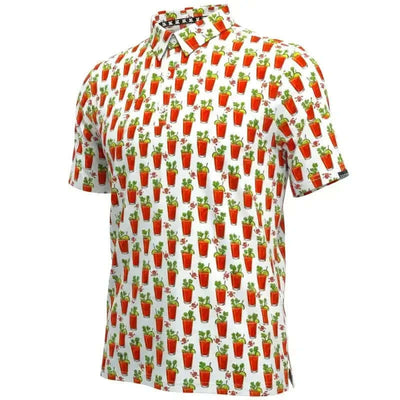 19th Hole Bloody Mary Cool Stretch Men's Golf Shirt in white with colorful Bloody Mary print