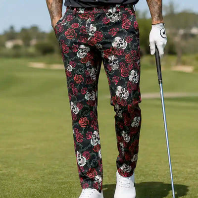 golfer wearing crazy floral and skull patterned golf pants on a golf course