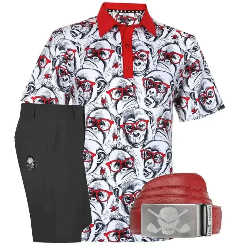 Golf Shirt with monkey print, black shorts, and red belt with skull design 