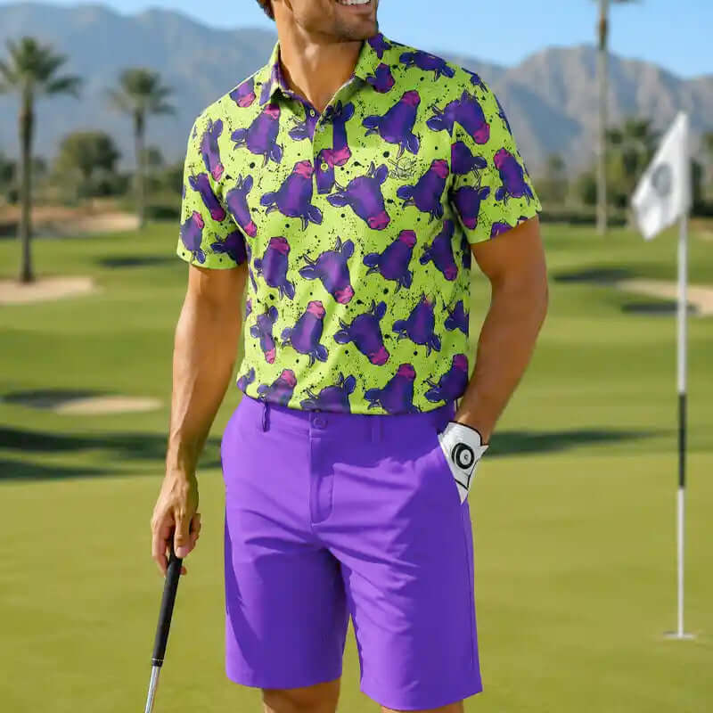Man in a purple cows golf outfit on a golf course with purple shorts