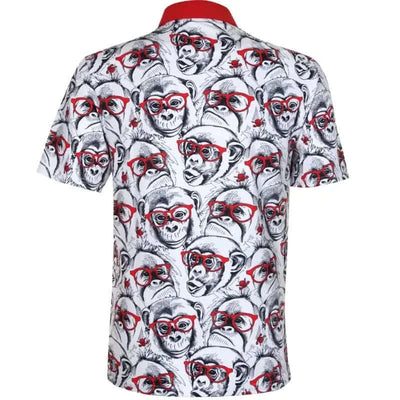 Short-sleeve golf shirt with monkey pattern and red accents 
