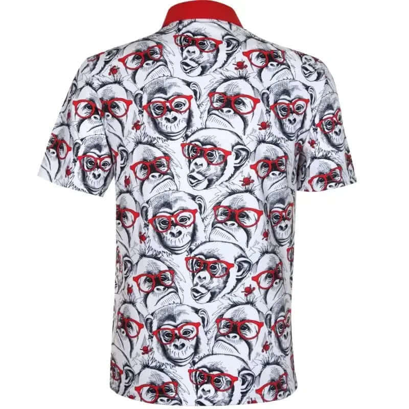 Short-sleeve golf shirt with monkey pattern and red accents 