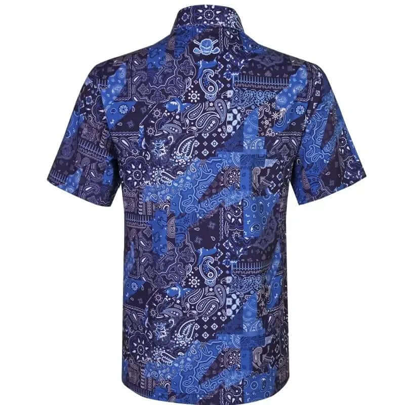 Hustler Cool-Stretch Men's Golf Shirt in Blue showcasing intricate bandana-inspired patterns.