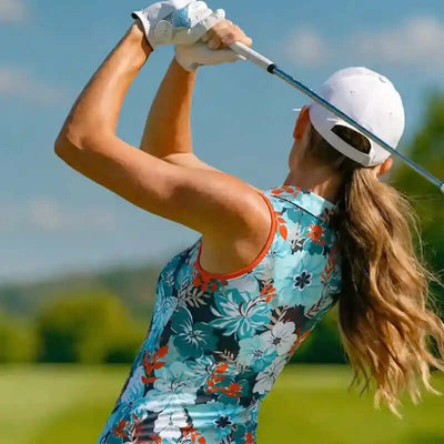 Woman playing golf on a sunny day with a clear blue sky.