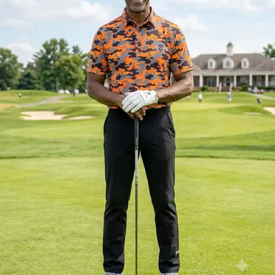 Man in camouflage shirt and black pants holding a golf club on a golf course