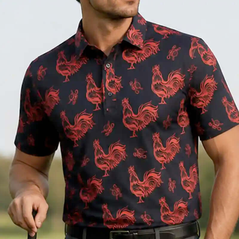 Man wearing a black shirt with red rooster pattern outdoors