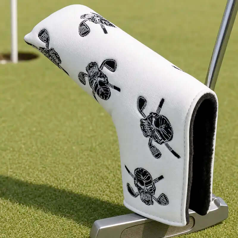 White blade golf putter cover with black skull design by Tattoo Golf 