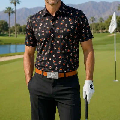 Man in a whiskey bottle patterned golf shirt and black pants 