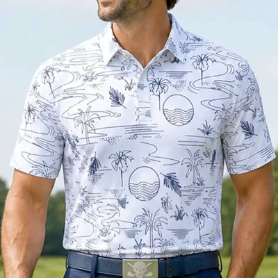 golfer wearing a white polo shirt with black patterns in an outdoor setting
